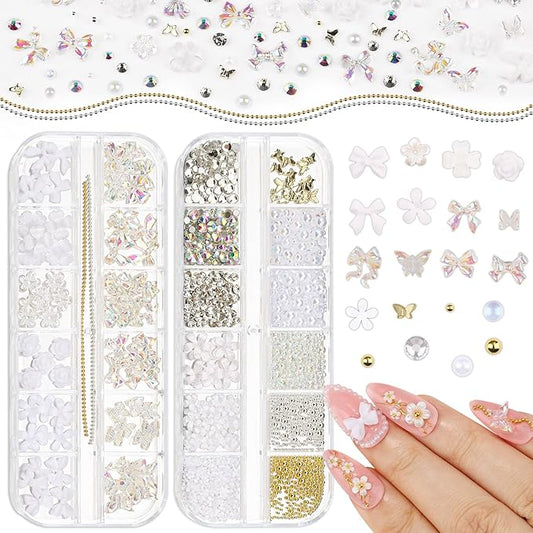 2 Boxes Assorted Nail Charms and Gems, White Flower Nail Charms Aurora Bow Metal Butterfly Crystal AB Clear Gemstones Silver/Gold Caviar Beads White Pearls Glass Bubble with Nail Chain (9-S2-Mixed6)