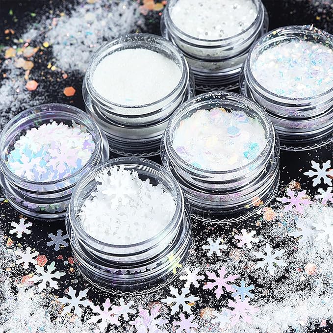 6 Boxes Christmas Nail Art Glitter Sequins Winter White Snowflake Flakes 3D Holographic Xmas Supplies for Acrylic Nails Decorations Accessories for Women