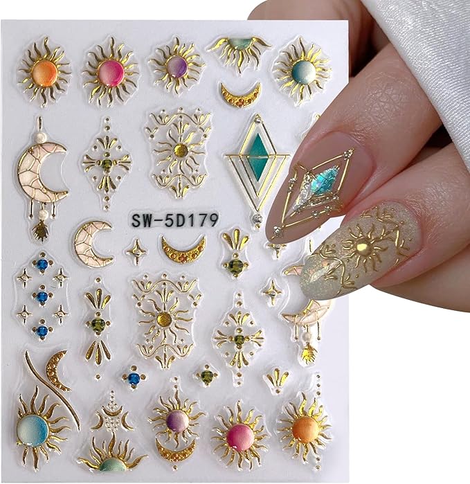 MUIIIGOOD 2 Sheet Sun Moon Stars Boho Nail Stickers Charms for Nail Art 5D Embossed Bohemian Style Floral Nail Decals Metallic Gold Sun Moon Star Luxury Celestial Nail Art Stickers Supplies for Women