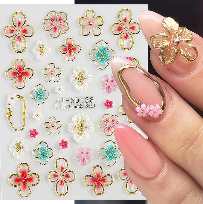 Flower Nail Stickers for Nail Art Hawaiian Flowers Nail Decals 5D Self-Adhesive Embossed Floral Summer Nails Art Design Sticker Beach DIY Acrylic Salon Manicure Decoration Kit for Women