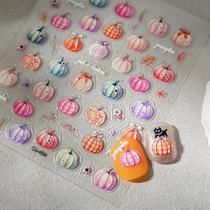 1 Sheets Fall Nail Decals for Nail Art 5D Self-Adhesive Embossed Pumpkin Nail Art Stickers Autumn Colorful Pumpkin Nail Stickers Thanksgiving Nail Design Sticker with Cute Small Flower for Women