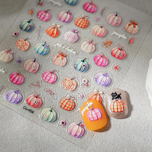 1 Sheets Fall Nail Decals for Nail Art 5D Self-Adhesive Embossed Pumpkin Nail Art Stickers Autumn Colorful Pumpkin Nail Stickers Thanksgiving Nail Design Sticker with Cute Small Flower for Women