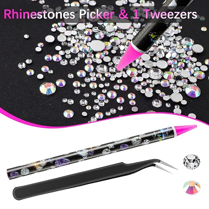 Canvalite Rhinestones 2784PCS in 6 Sizes Flat Back Gems, Crystal AB Art Gems with 5Pcs B7000 Glue, Pick Up Tweezers and Picker Dotting Pen for Nails, Makeup, Stocking Stuffers Gifts for Women