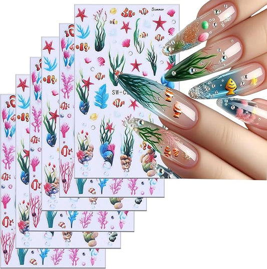 6 Sheets Ocean Plant Nail Art Stickers 3D Self -Adhesive Colorful Seaweed Shell Nail Decals Holographic Cute Fish Starfish Bubbles Nail Stickers Summer Nail Decoration for Women Manicure Supplies