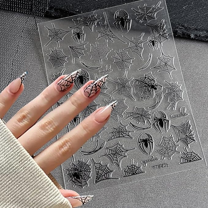 4 Sheets Spider Nail Art Stickers Self Adhesive Halloween Nail Decals Black White Spider Web with 3D Red Gem Rhinestones Designs Nail Sticker Luxury Halloween Nails Decoration for Women Manicure Tip