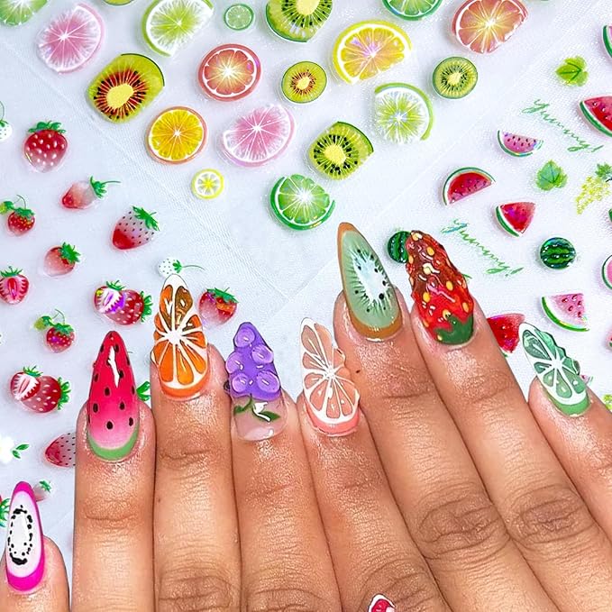3 Sheets Summer Fruit Nail Stickers for Nail Art 5d Self-Adhesive Cute Flower Strawberry Nail Decals with Laser Designs Watermelon Grapes Nail Art Sticker Kiwi Lemon Nail Decal for Women Nails Supply