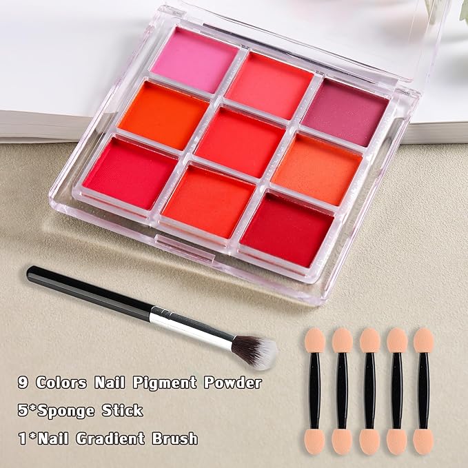Nail Pigment Palette - Gradient Red Ombre Color Nails Powder - Fine Solid Neon Nail Art Pigment for DIY Design Manicure Beginners - Includes 5 Sponge Sticks, 1 Brush