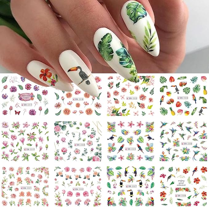 Flamingo Nail Water Decals Stickers 48 Designs Tropical Summer Nail Art Stickers DIY Watermark Fingernails Supply Colorful Flower Leaves Coconut Tree Nail Art Decoration Manicure Accessories 4 Sheets