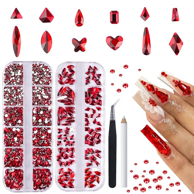 Canvalite 2518Pcs Nail Rhinestones Gems, 12 Styles 3D Glass Red Crystals Charms Shiny Multi Shape Flatback Rhinestones with Gems Picker and Tweezers for DIY Nail Art