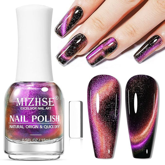 MIZHSE 9D Cat Eye Nail Polish Non Gel, Quick Dry Pink to Orange Magnetic Nail Polish with Magnet, Air Drying Fast Cateye Nail Lacquer Galaxy Effect Manicure Home Gift for Women 0.5 fl.oz 15ml