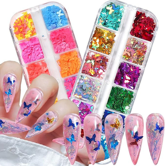 Butterfly Glitter Nail Art Sequins, 3D Fluorescent Glitters Butterflies Flakes, Holographic Neon Laser Shiny Butterfly Nail Supplies for Women Girls Manicure Charms Decorations DIY Resin Nail Art Tips