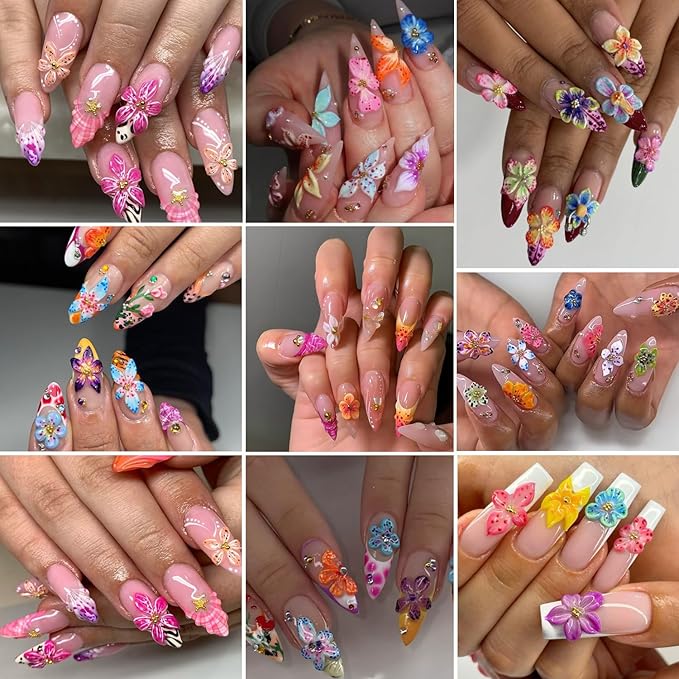 3D Hawaii Flowers for Nails,Spring Hibiscus Floral Nail Art Charms Lily Flowers for Nail Rhinestones Craft Multi-Color Petal Relief Flower Charms for Summer Acrylic Nail Jewelry Manicure Accessories
