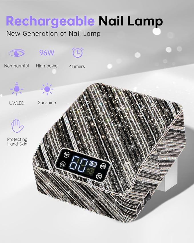 UV Nail Lamp, Rechargeable LED Nail Dryer Sparkly Gel Polish Light 4 Timer Setting Professional Quick Dry Curing Lamp with Display Auto Sensor for Salon & Home, Zebra Diamond