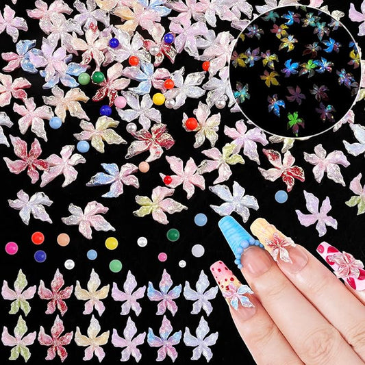 300Pcs Flower Nail Charms Kit, 100Pcs 3D Embossed Luminous Hibiscus Flowers Charms and 100Pcs Nail Pearls with 100Pcs Macaron Beads, Colorful Hawaii Floral Mini Gems Round Beads for Nails DIY