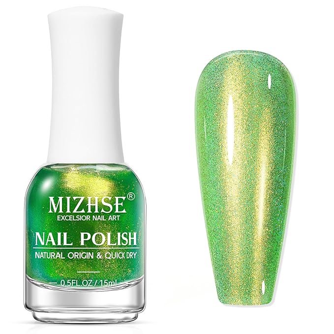 MIZHSE Quick Dry Nail Polish, Holographic Neon Green Nail Polish Air Dry Fast, 15ml/0.5 fl oz Regular Shiny Glitter Oil-based Shimmery Nail Lacquer Non Gel Nail Art Salon Manicure Home DIY