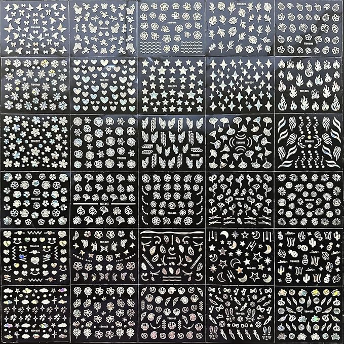 30 Sheets Aurora Flower Nail Art Stickers 3D Self Adhesive Flower Nail Stickers Aurora Moon Star Nail Decals Leaf Heart Nails Art Supplies Charms for Women Manicure Tips Decoration
