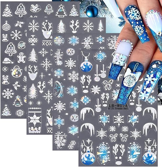 4 Sheets Christmas Nail Art Stickers - Blue Snowflake & White Reindeer Nail Decals - 3D Self-Adhesive Winter Holiday Supplies