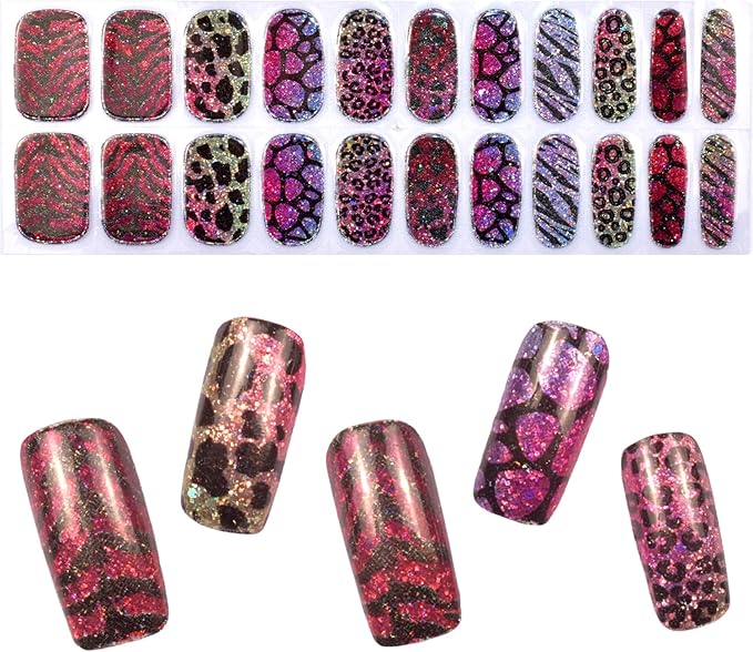 Semi Cured Gel Nail Strips (Glitter Leopard)-22 PCS Manicure Stickers | Gel Nail Wraps | Light Required, Salon Quality & Easy to Use