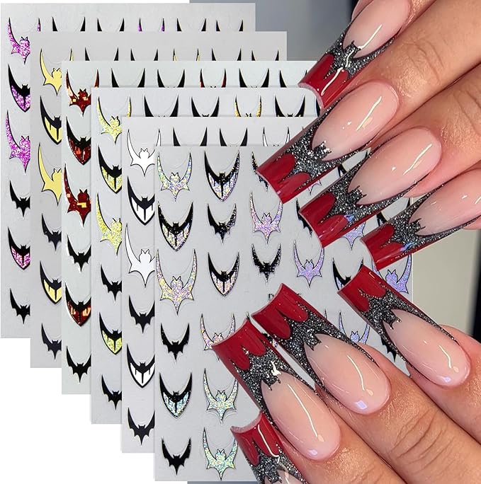 Bat Nail Stickers for Nail Art, Halloween Nail Art Stickers Black Gold Red Purple Silver Bat Nails Design Decals Halloween Manicure Decoration Accessories Supplies for Women 6 Sheets