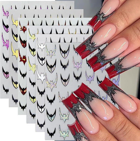Bat Nail Stickers for Nail Art, Halloween Nail Art Stickers Black Gold Red Purple Silver Bat Nails Design Decals Halloween Manicure Decoration Accessories Supplies for Women 6 Sheets