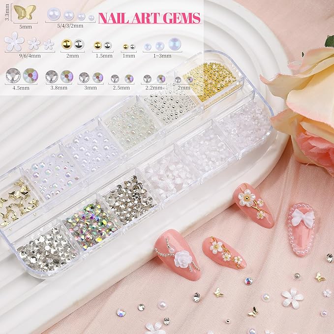 2 Boxes Assorted Nail Charms and Gems, White Flower Nail Charms Aurora Bow Metal Butterfly Crystal AB Clear Gemstones Silver/Gold Caviar Beads White Pearls Glass Bubble with Nail Chain (9-S2-Mixed6)