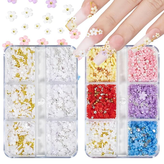 3D Flower Nail Charms for Nails Colorful Flowers Flatback Nail Rhinestones White Pink Purple Acrylic Flower with Gold Silver Caviar Beads Round Pearls Nail Art Supplies Manicure DIY Nail Decorations