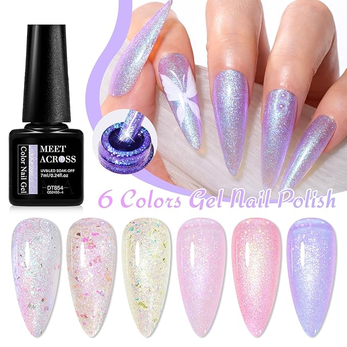 MEET ACROSS Gel Nail Polish Set 6 Pcs Glitter Colors Gel Nail Kit Art Design Soak Off UV LED (SET-2, 6pcs)