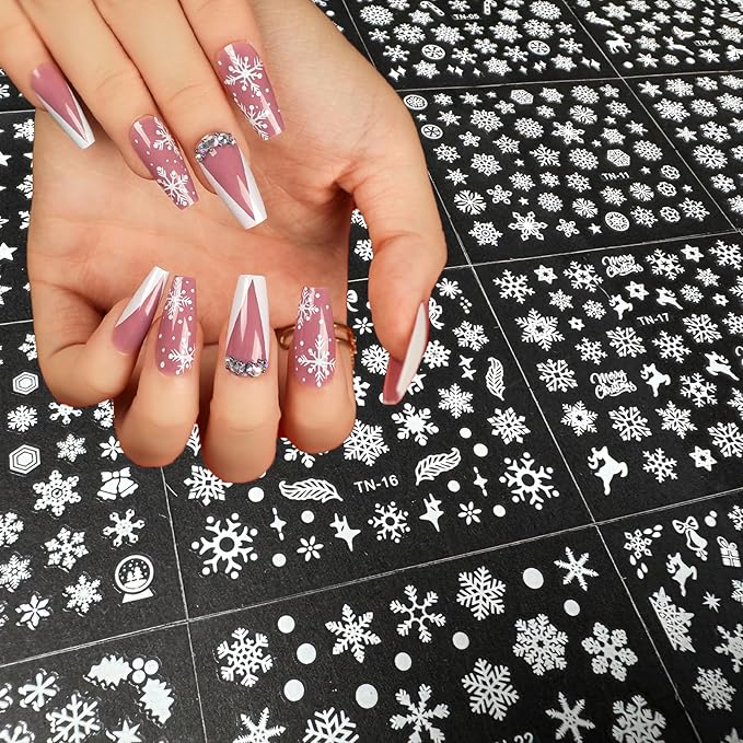 30 Sheets Christmas Nail Art Stickers 3D Self-Adhesive White Snowflake Nail Decals Winter Xmas Elk Snowman Designs Nail Supplies Christmas Cute Nail Decoration for Women Manicure Accessories