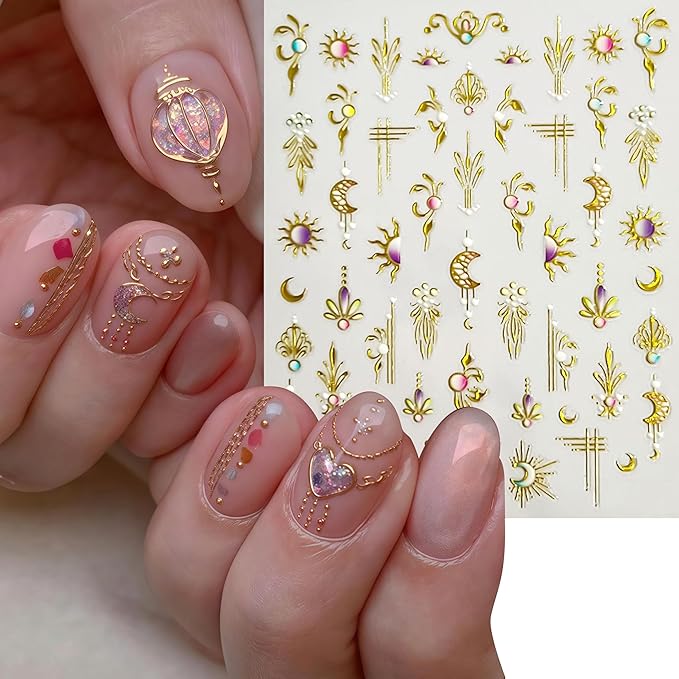 6 Sheets Bohemian Style Nail Decals Embossed Star Nail Art Stickers 5D Self-Adhesive Gold Stars Moon Sun Nail Decals Bohemia Nail Designs Stars Nail Decoration for Women Girls DIY Manicure Decor