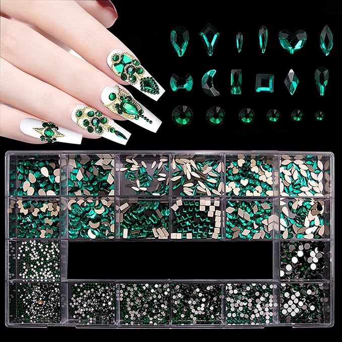 HOINCO 3100Pcs Flat Back Rhinestones for Nails - Mix 20 Styles Gems, 600 Diamonds + 2500 Round Beads for Crafts With Tweezers Pen