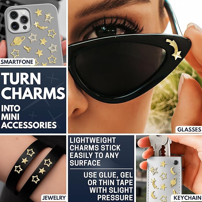 110 Pcs Gold Nail Charms and Gems – Complete Art Kit with Gold Star Nail Charms, Planets, Moon, Crosses & Rocket – Designed for Creating Detailed, Custom Designs with Easy Application