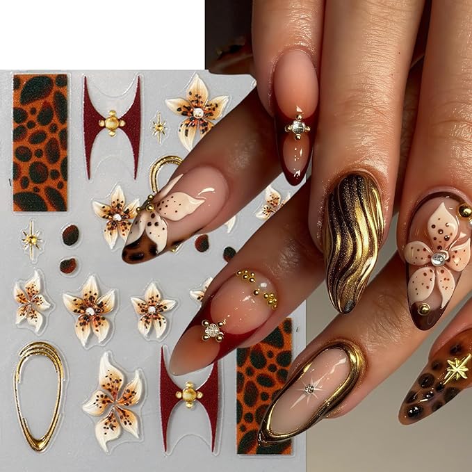 3 Sheets Brown Leopard Print Nail Stickers 5D Embossed Floral Nail Decals Exquisite Line Fall Brown Leopard Print Flower Nails Design Gold Stars Nails Supplies for Women Autumn Winter Manicure Decor
