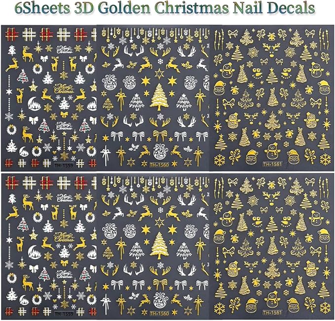 3D Christmas Nail Stickers for Nail Art, Gold Self-Adhesive Christmas Nail Art Stickers Decals 6PCS Deer Snowflake Crystal Ball Bow Tree Snowman Xmas Nails Design Holiday Manicure Supplies for Women