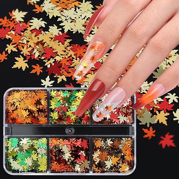 Maple Leaf Nail Art Glitter Sequins, 3D Fall Leaves Sparkly Nail Flakes Designs, Laser Autumn Maple Leaves Confetti Acrylic Supplies for Thanksgiving, Women Girls Manicure Tips Holiday Decorations