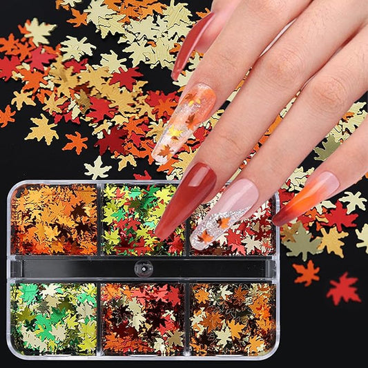 Maple Leaf Nail Art Glitter Sequins, 3D Fall Leaves Sparkly Nail Flakes Designs, Laser Autumn Maple Leaves Confetti Acrylic Supplies for Thanksgiving, Women Girls Manicure Tips Holiday Decorations