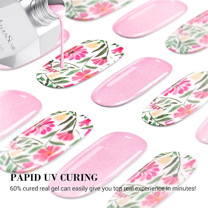 MelodySusie Semi Cured Gel Nail Strips, 20 PCS Gel Nail Stickers, UV Light Required, Durable and Salon Quality (Pearly Pink Flowers)