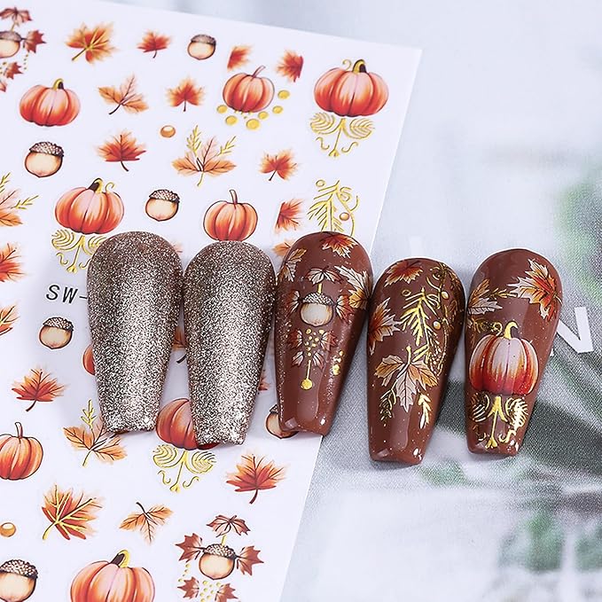6 Sheets Fall Nail Art Stickers 3D Self-Adhesive Maple Leaf Nail Stickers with Ear of Wheat & Chestnut Designs DIY Pumpkin Nail Decal Supplies for Women Nail Art Manicure Decoration Accessories