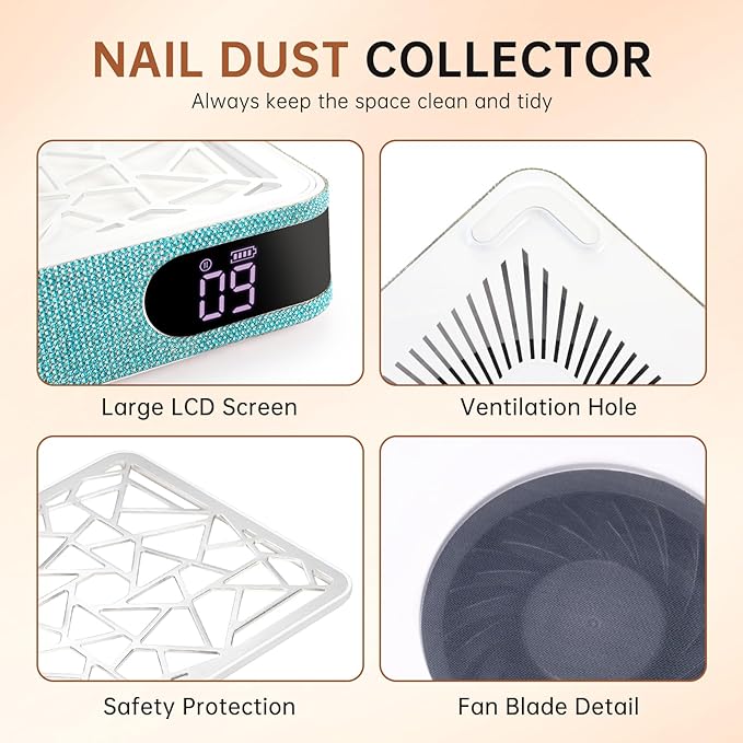 Nail Dust Collector, Cordless Dust Collector Nail Tech, Powerful Vacuum Fan Vent Dust Collector Extractor Dust Suction Machine for Acrylic Nails Polishing, Nail Salon, Lake Blue