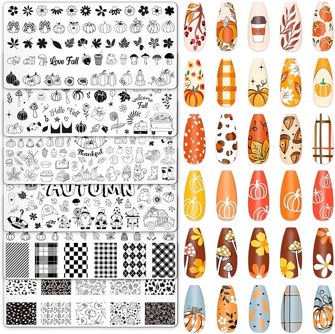 Whaline 6Pcs Fall Nail Plates Stamping Set Pumpkin Leaves Stamp Templates Nail Art Plates for Autumn Harvest Thanksgiving DIY Print Manicure Salon Design