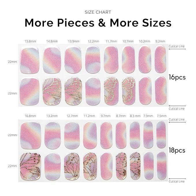 NAILOG 34 Pcs Rainbow Butterfly Gel Nail Strips - Pink Extra Long Nails with Glossy Gel Finishing for Spring Summer, Flying Wings