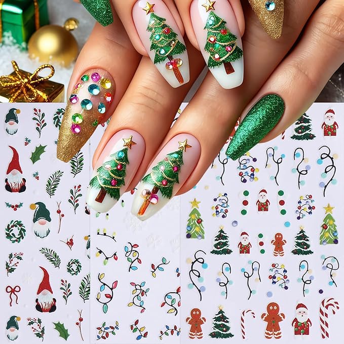 6 Sheets Christmas Nail Art Stickers Gingerbread Man Nail Stickers 3D Christmas Tree Santa Claus Nail Decals Winter Cartoon Christmas Light Design Nail Supplies for Women New Year DIY Manicure Decor