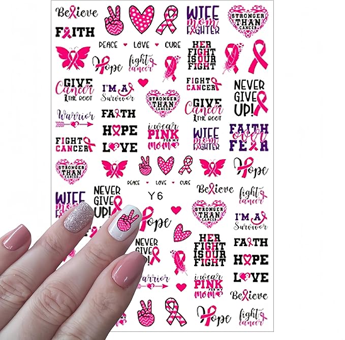 Breast Cancer Nail Art Stickers Pink Ribbon Nail Decals 3D Self Adhesive Nail Decals Love Heart Bow Pink Ribbon Design Nail Sticker Breast Cancer Awareness Nail Supplies for Women Decoration 6 Sheets