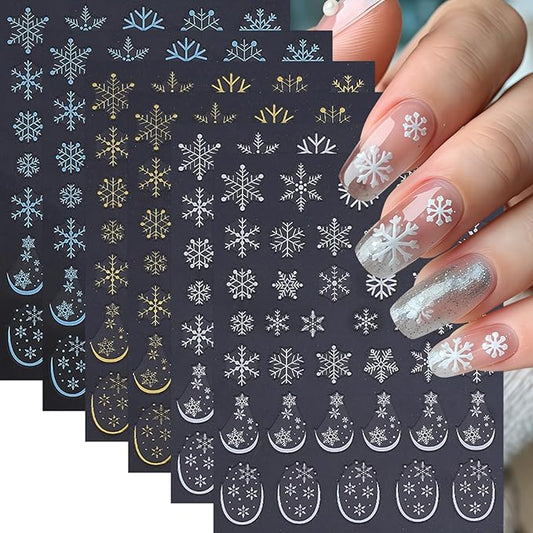 6 Sheets Christmas Nail Art Stickers 3D Self-Adhesive White Snowflake Nail Decals Winter Gold White Blue Snowflake French Nail Design Holiday DIY Manicure Decoration Supplies Accessories for Women