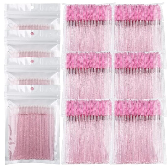 (400+300 Pieces) Pink Crystal Handle - 400 Cotton Swabs + 300 Brushes for Lash Extensions, Makeup (Simple Packaging)-(Crystal Pink)