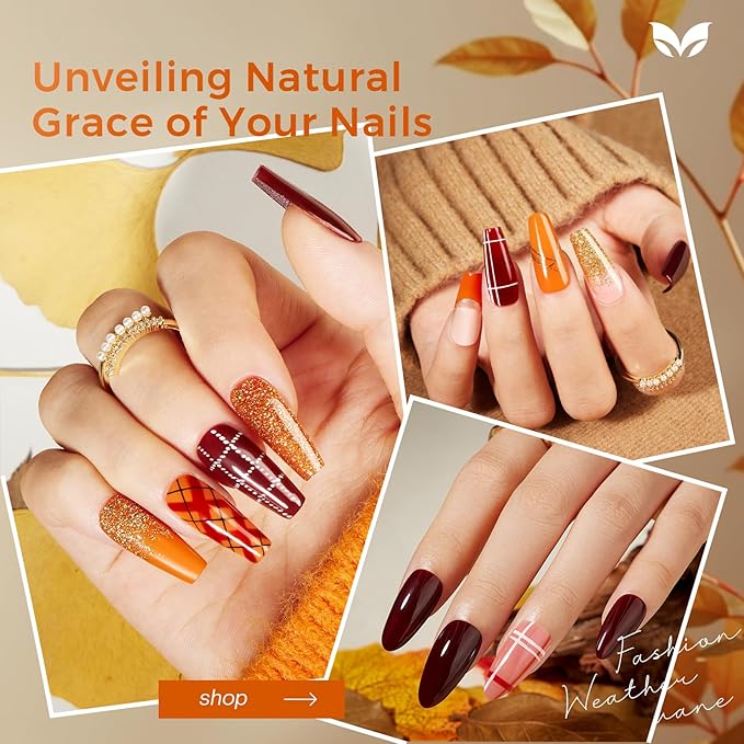 Morovan Fall Nail Polish Set: 6 Gold Maple Leaf Nail Polish Kit 2025 Glitter Autumn Fingernail Pumpkin Yellow Burnt Orange Art Quick Dry Nail Regular Mini Bulk Manicurist Women Girls Gift