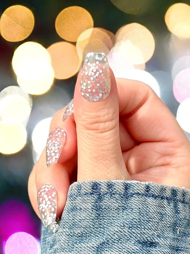 | 20 Exquisite Gel Nail Polish Strips w/Application Accessories - No UV/LED Lamp Required (Clear & Sparkle)
