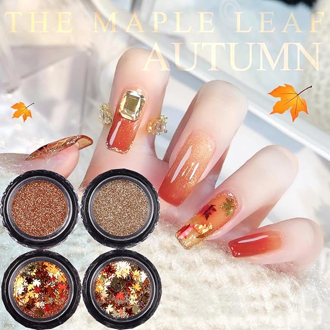 4Pcs Fall Nail Glitters 3D Gold Maple Leaf Nail Sequins with Glitter Flakes Powder Gradient Maple Leaves Shaped Sparkly Supplies for Women Manicure Charms Autumn Winter Thanksgiving Accessories Crafts