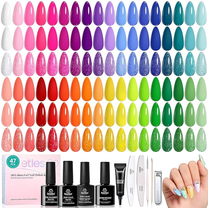 beetles Gel Polish Set - 36 Colors Neon Gel Nail Polish Pink Red Green Blue Yellow Nail Polish with 4Pcs Base Top Coat Soak off Colorful Holidays Collection UV Halloween Gifts for Women
