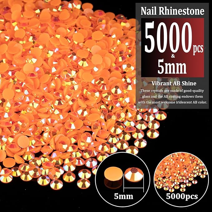 5000pcs 5mm Resin Rhinestones Bulk, Orange AB Flatback Round Jelly Rhinestones Bedazzling Non Hotfix Crystal Gems Large Quantity Wholesale for DIY Crafts Clothes Bottles Tumblers Face Makeup Manicure