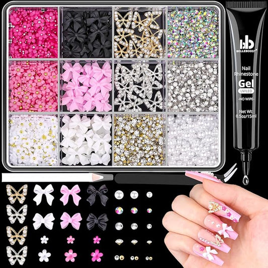 3D Nail Charms and Gems Set 10 with Rhinestone Glue, 20PCS Chunky Butterfly Charms + 60PCS Nail Bows in 2 Styles + 3D Flowers with Crystals, Pearls, Diamonds, and Picker Tools for Y2K Nail Decor
